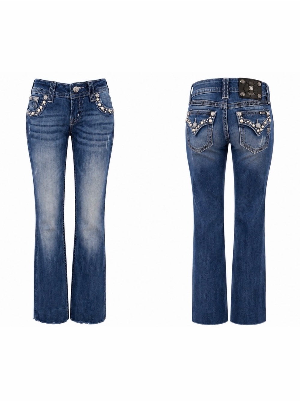 Miss Me Pearl & Crystal Embellished Stretch Denim Raw Hem Bootcut Jeans Size 26